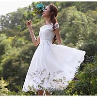 Women\'s Party/ Evening Going out Vintage Swing Dress, Solid Boat Neck Midi Short Sleeve Chiffon Summer Mid Rise Micro-elastic Medium