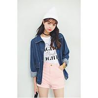 Women\'s Going out Casual/Daily Sexy Cute Spring Fall Denim Jacket, Solid Notch Lapel Long Sleeve Regular Cotton