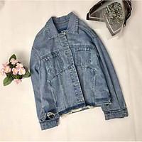 Women\'s Going out Casual/Daily Sexy Cute Spring Denim Jacket, Solid Notch Lapel Long Sleeve Regular Cotton