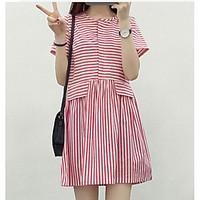 Women\'s Birthday Loose Dress, Solid Striped Round Neck Midi Short Sleeve Cotton Linen Summer Low Rise Micro-elastic Medium