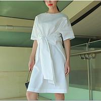 Women\'s Casual/Daily Work Simple Shift Dress, Solid Round Neck Knee-length Half Sleeve Cotton Summer High Rise Micro-elastic Thin