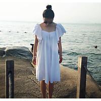 womens daily swing dress solid round neck midi slings linen summer mid ...