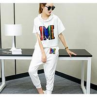 Women\'s Casual Simple Summer T-shirt Pant Suits, Print Round Neck Short Sleeve Micro-elastic