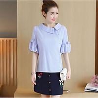 Women\'s Going out Cute Summer Shirt Skirt Suits, Striped Shirt Collar ½ Length Sleeve Micro-elastic