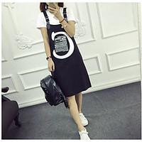 Women\'s Casual Sheath Dress, Solid Letter Number Strap Knee-length Short Sleeve Cotton Spring Fall Mid Rise Micro-elastic Thin Medium