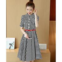 Women\'s Anniversary Business Vintage Sophisticated Swing Dress, Striped Shirt Collar Knee-length Short Sleeve Others Spring Summer Mid Rise