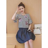 Women\'s Daily Going out Cute Two Piece Dress, Striped Floral Round Neck Above Knee Short Sleeve Polyester Summer Mid Rise Micro-elastic