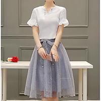 Women\'s Going out A Line Dress, Solid V Neck Midi Short Sleeve Lace Summer High Rise Micro-elastic Medium