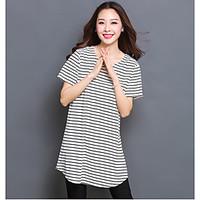 Women\'s Daily Casual Simple Loose Dress, Striped Round Neck Mini Short Sleeve Cotton Summer Mid Rise Micro-elastic Medium