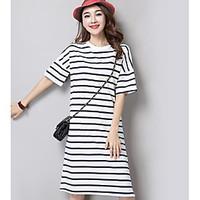 Women\'s Casual/Daily Simple Sheath Dress, Striped Round Neck Above Knee Short Sleeve Cotton Summer Mid Rise Micro-elastic Medium
