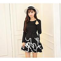 womens going out vintage loose dress solid round neck mini long sleeve ...
