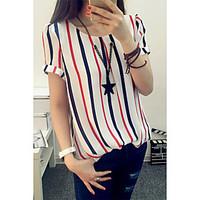 Women\'s Casual/Daily Simple Blouse, Striped Round Neck Short Sleeve Polyester