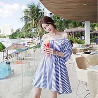 Women\'s Casual/Daily Simple Loose Dress, Striped Boat Neck Above Knee ½ Length Sleeve Cotton Summer High Rise Micro-elastic Medium