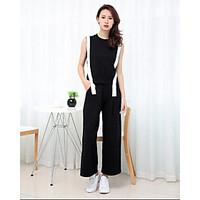 Women\'s Going out Casual/Daily Simple Summer Tank Top Pant Suits, Solid Crew Neck Sleeveless Micro-elastic