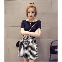 Women\'s Casual/Daily Simple Summer Shirt Skirt Suits, Striped Round Neck Short Sleeve Micro-elastic