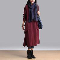 womens vintage tunic dress solid round neck midi long sleeve cotton li ...