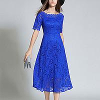 womens party going out casualdaily lace dress solid round neck midi sh ...