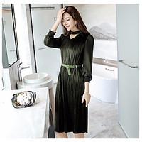 Women\'s Going out Simple A Line Dress, Solid V Neck Knee-length Long Sleeve Polyester Spring Mid Rise Micro-elastic Medium