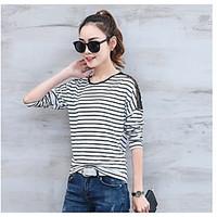 Women\'s Going out Casual/Daily Simple T-shirt, Striped Round Neck ½ Length Sleeve Cotton Polyester