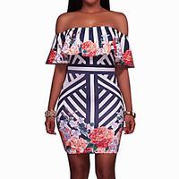 Women\'s Going out Sexy Bodycon Dress, Floral Boat Neck Above Knee Short Sleeve Polyester Summer Mid Rise Inelastic Medium