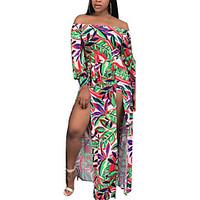 womens beach sexy boho sheath floral boat neck maxi long sleeve high r ...