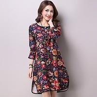 Women\'s Casual/Daily Loose Dress, Floral Round Neck Midi ¾ Sleeve Silk Spring Summer Mid Rise Micro-elastic Thin