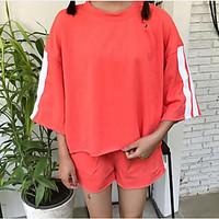 Women\'s Casual/Daily Simple Summer T-shirt Pant Suits, Solid Round Neck ½ Length Sleeve Micro-elastic