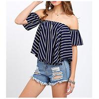 Women\'s Going out Casual/Daily Sexy Simple Spring Summer T-shirt, Solid Striped Boat Neck Short Sleeve Cotton Medium
