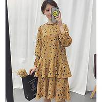 Women\'s Going out Casual/Daily Vintage Loose Dress, Print Round Neck Above Knee Long Sleeve Silk Summer Mid Rise Inelastic Medium
