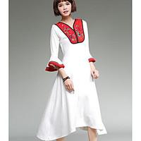 Women\'s Going out Casual/Daily Vintage Swing Dress, Print V Neck Midi ¾ Sleeve Linen Spring Summer Low Rise Inelastic Medium