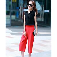 Women\'s Casual/Daily Cute Summer Shirt Pant Suits, Solid Shirt Collar Sleeveless Inelastic