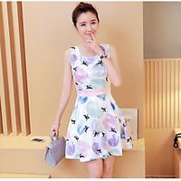 Women\'s Going out Cute A Line Dress, Floral Round Neck Above Knee Sleeveless Cotton Summer Low Rise Inelastic Medium