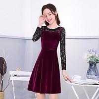Women\'s Going out Casual/Daily Sheath Lace Dress, Solid Round Neck Above Knee Long Sleeve Polyester Spring High Rise Micro-elastic Medium