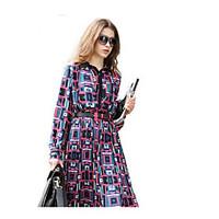 Women\'s Going out Casual/Daily Chiffon Dress, Print Stand Midi Long Sleeve Cotton All Seasons High Rise Micro-elastic Medium