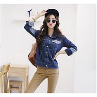 womens casualdaily simple spring fall denim jacket solid round neck lo ...
