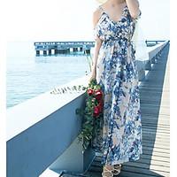 Women\'s Beach Loose Dress, Geometric Strap Maxi Sleeveless Silk Summer High Rise Micro-elastic Thin