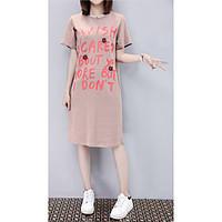 Women\'s Going out Casual/Daily Simple Active Loose Dress, Letter Round Neck Knee-length Short Sleeve Cotton Summer Mid Rise Micro-elastic