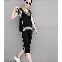 Women\'s Casual/Daily Street chic Spring Shirt Pant Suits, Solid Striped U Neck Short Sleeve