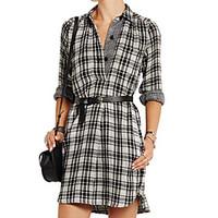 Women\'s Casual/Daily Simple Loose Dress, Check Shirt Collar Above Knee ¾ Sleeve Cotton Spring Mid Rise Micro-elastic Medium