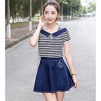 Women\'s Going out Casual/Daily Simple Summer Shirt Skirt Suits, Striped Round Neck Short Sleeve