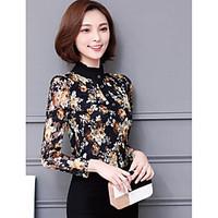 womens casualdaily simple blouse print stand long sleeve cotton thin