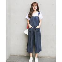 womens mid rise micro elastic overalls pants street chic loose striped