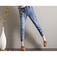 womens mid rise inelastic jeans pants simple loose pure color solid