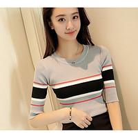 Women\'s Going out Casual/Daily Vintage Simple Spring Summer T-shirt, Striped Peter Pan Collar Short Sleeve Cotton Medium