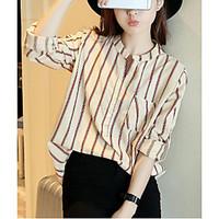 Women\'s Casual/Daily Simple Spring Summer Shirt, Striped Stand Long Sleeve Cotton Thin