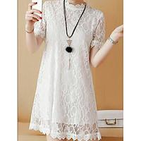 Women\'s Casual/Daily Loose Lace Dress, Jacquard Crew Neck Above Knee Short Sleeve Cotton Summer Mid Rise Inelastic Thin