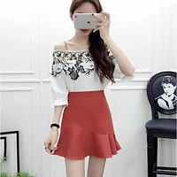 Women\'s Going out Casual/Daily Cute T-shirt Skirt Suits, Solid Off Shoulder ½ Length Sleeve strenchy