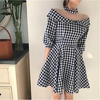 Women\'s Going out Swing Dress, Check Round Neck Knee-length ¾ Sleeve Others Summer Mid Rise Micro-elastic Medium