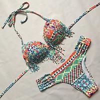 womens halter bikini color block tassels geometric polyester multi col ...