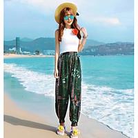 womens mid rise micro elastic loose pants boho harem color block